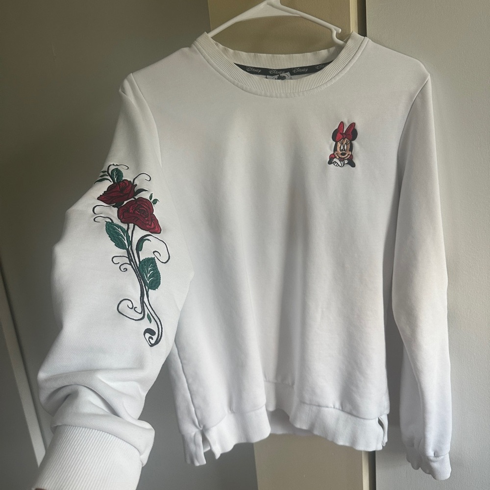 Disney White Sweatshirt with Red Rose and Minnie Embroidery